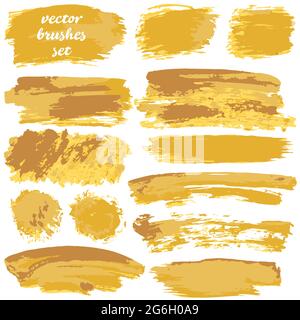 Collection of orange bicolor paint, ink brush strokes, brushes, lines, grungy. Dirty artistic design elements, boxes, frames. Vector. Isolated on whit Stock Vector