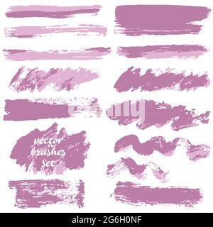 Collection of violet bicolor paint, ink brush strokes, brushes, blots, lines, grungy. Dirty artistic design elements, boxes frames Stock Vector