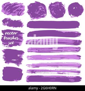 Set of freehand drawing. Collection of purple bicolor paint, ink brush strokes, brushes, blots, lines, grungy Stock Vector