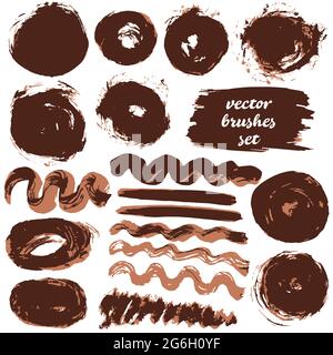 Collection of brown bicolor paint, ink brush strokes, brushes, blots, lines, grungy. Dirty artistic design elements Stock Vector