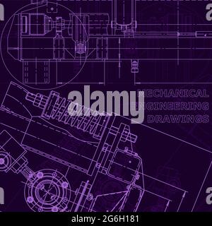 Blueprint, scheme, plan, sketch. Technical illustrations background Machine industry Purple cyberspace Stock Vector