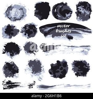 Collection of black bicolor paint, ink brush strokes, brushes, blots, lines, grungy. Dirty artistic design elements, boxes frames Stock Vector