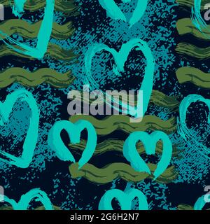 Abstract artistic seamless pattern with trendy hand drawn textures, spots, brush. Gypsy, Brazilian colorful style. Hearts Stock Vector
