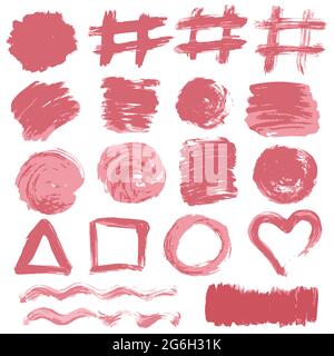 Collection of pink paint, ink, brush strokes, brushes, lines, grungy. Waves, circles, sun, heart. Messy decoration elements, boxes, frames Vector illu Stock Vector