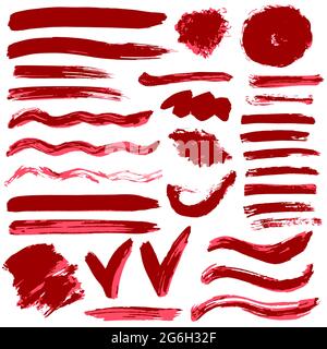 Collection of red ink, ink, brush strokes, brushes, lines, grungy. Waves, Messy decoration elements, boxes frames Isolated vector illustration Stock Vector