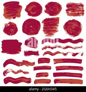 Collection of red paint, ink, brush strokes, brushes, lines, grungy. Dirty elements of decoration, boxes, frames. Vector Isolated over white backgroun Stock Vector
