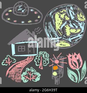 Cute childish drawing with colored chalk on a gray background. Pastel chalk or pencil funny doodle style vector. Earth, planet, UFO, house, traffic li Stock Vector