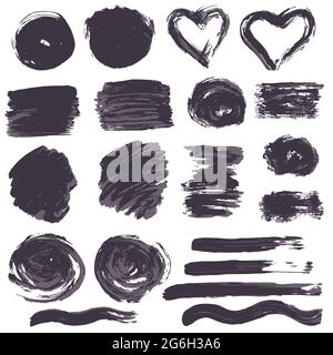Collection of black ink, ink, brush strokes, brushes, lines, grungy. Waves, circles. Dirty elements of decoration, boxes frames Vector illustration Fr Stock Vector
