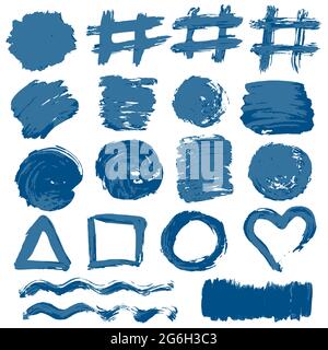 Collection of blue paint, ink, brush strokes, brushes, lines, grungy. Waves, circles, sun, heart. Dirty elements of decoration, boxes, frames Vector i Stock Vector