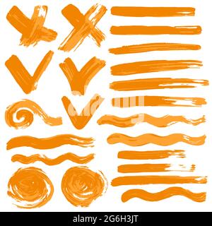 Collection of orange paint, ink, brush strokes, brushes, lines, grungy. Waves, circles Freehand drawing elements of decoration Stock Vector