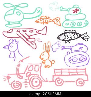 Cute childish drawing with wax crayons on a white background. Pastel chalk or pencil funny doodle style vector. Set of transport, tractor, tank, plane Stock Vector