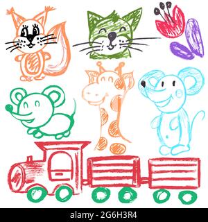 Cute childish drawing with wax crayons on a white background. Pastel chalk or pencil funny doodle style vector. Squirrel, giraffe, cat, mouse, train Stock Vector