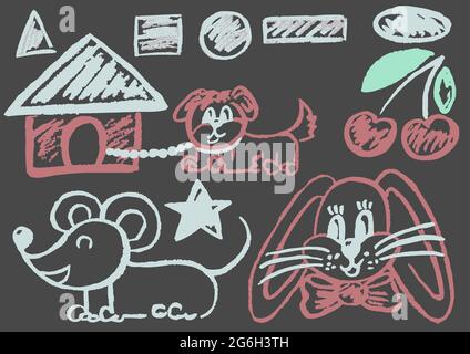 Cute childish drawing with colored chalk on a gray background. Pastel chalk or pencil funny doodle style vector. Doghouse, dog, mouse, geometric shape Stock Vector