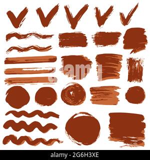 Collection of red ink, ink, brush strokes, brushes, lines, grungy. Waves, circles, Messy decoration elements, boxes, frames Vector illustration Isolat Stock Vector