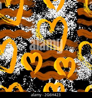 Abstract artistic seamless pattern with trendy hand drawn textures, spots, brush strokes. Gypsy, Brazilian colorful style. Hearts Stock Vector