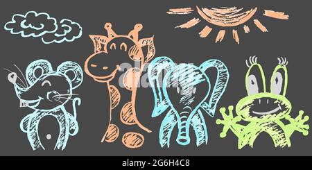 Cute childish drawing with colored chalk on a gray background. Pastel chalk or pencil funny doodle style vector. Set of beautiful animals. Mouse, gira Stock Vector