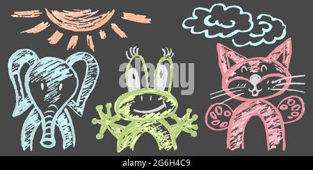 Cute childish drawing with colored chalk on a gray background. Pastel chalk or pencil funny doodle style vector. Set of beautiful animals. Elephant, f Stock Vector