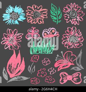 Cute childish drawing with colored chalk on a gray background. Pastel chalk or pencil funny doodle style vector. Art elements, flowers, leaves, bow Stock Vector