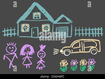 Cute childish drawing with colored chalk on a gray background. Pastel chalk or pencil funny doodle style vector. Family comfort, home, fence, car, flo Stock Vector