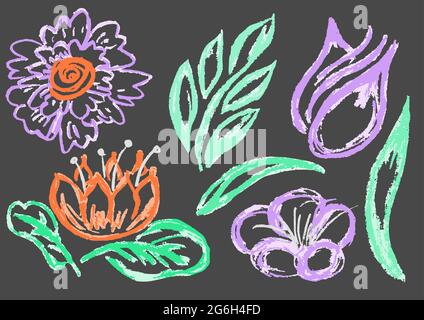 Cute childish drawing with colored chalk on a gray background. Pastel chalk or pencil funny doodle style vector. Floral art elements, leaves, flowers, Stock Vector