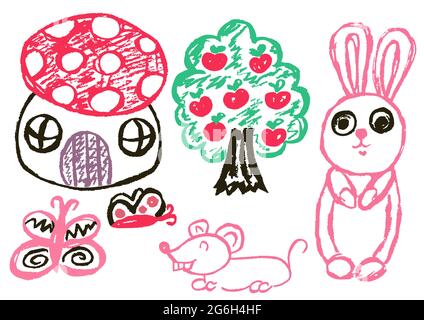 Cute childish drawing with wax crayons on a white background. Pastel chalk or pencil funny doodle style vector. Bunny, house, apple tree, mouse, butte Stock Vector