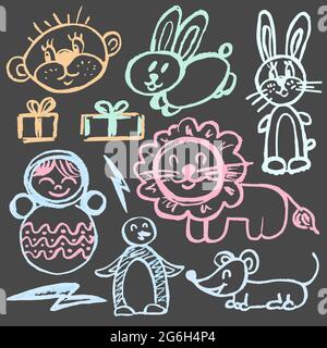 Cute childish drawing with colored chalk on a gray background. Pastel chalk or pencil funny doodle style vector. Zoo, lion, hare, penguin, rabbit, mou Stock Vector