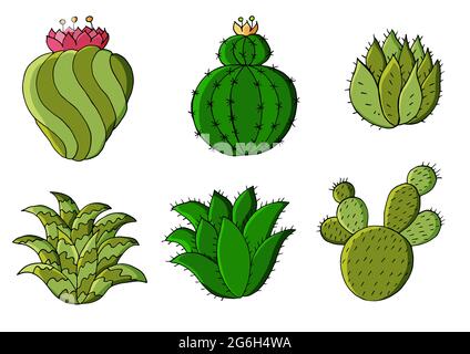 Cute vector illustration. Set of cartoon images of cacti. Cacti, aloe, succulents in a creative collection. Print pin, badge, sticker. Decorative natu Stock Vector