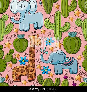 Seamless botanical illustration. Tropical pattern of different cacti, aloe, exotic animals. Elephant, giraffe, stars flowers Stock Vector