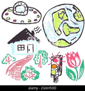 Cute childish drawing with wax crayons on a white background. Pastel chalk or pencil funny doodle style vector. Earth, planet, UFO, house, traffic lig Stock Vector