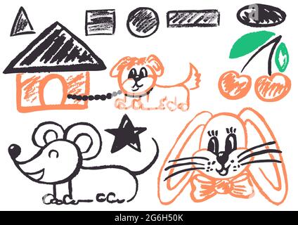 Cute childish drawing with wax crayons on a white background. Pastel chalk or pencil funny doodle style vector. Doghouse, dog, mouse, geometric shapes Stock Vector