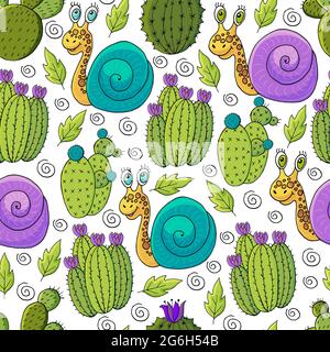 Seamless botanical illustration. Tropical pattern of different cacti, aloe, exotic animals. Snails, colorful flowers Stock Vector