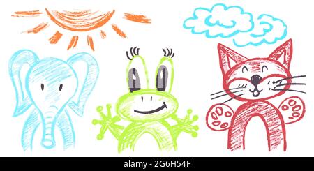 Cute childish drawing with wax crayons on a white background. Pastel chalk or pencil funny doodle style vector. Set of beautiful animals. Elephant, fr Stock Vector