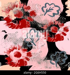 Floral motif artistic seamless pattern with trendy hand drawn textures, spots, brush strokes. Modern bright design for paper, covers, fabrics, decorat Stock Vector