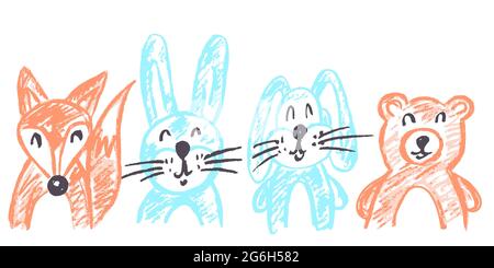 Cute childish drawing with wax crayons on a white background. Pastel chalk or pencil funny doodle style vector. Set of beautiful animals. Squirrel, ha Stock Vector