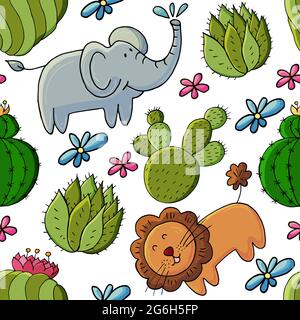 Seamless botanical illustration. Tropical pattern of different cacti, exotic animals. Lion, elephant, colorful flowers Stock Vector