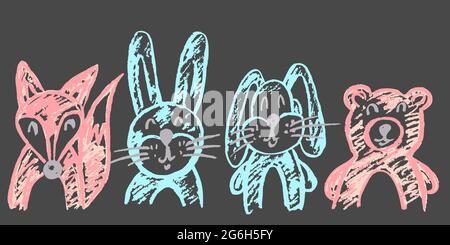 Cute childish drawing with colored chalk on a gray background. Pastel chalk or pencil funny doodle style vector. Set of beautiful animals. Squirrel, h Stock Vector