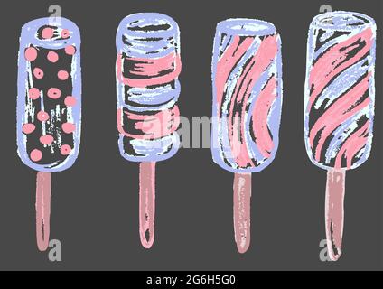 Cute childish drawing with colored chalk on a gray background. Pastel chalk or pencil funny doodle style vector. Set of summer cold sweets. Ice cream, Stock Vector