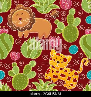 Seamless botanical illustration. Tropical pattern of various cacti, aloe. Leopard, lion, colorful flowers Stock Vector