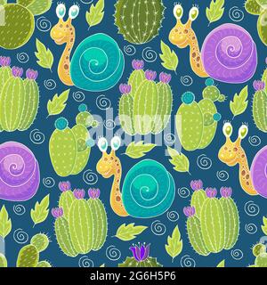 Seamless botanical illustration. Tropical pattern of various cacti, aloe. Multi-colored snail, flowering exotic plants Stock Vector