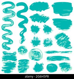 Collection of blue paint, ink, brush strokes, brushes, lines, grungy. Waves, circles. Dirty illustration elements of decoration boxes frames Stock Vector