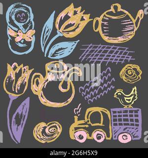 Cute childish drawing with colored chalk on a gray background. Pastel chalk or pencil funny doodle style vector. Tulips, baby, teapot, truck Stock Vector