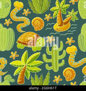 Seamless botanical illustration. Tropical pattern of various cacti, aloe. Snake, turtle, shells, flowering exotic plants Stock Vector