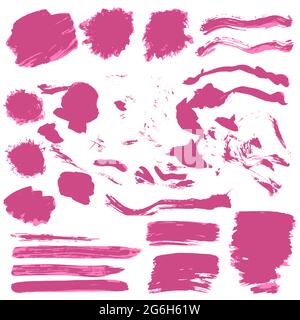 Collection of pink paint, ink, brush strokes, brushes, lines, grungy. Waves, circles Messy decoration elements boxes frames Isolated Stock Vector