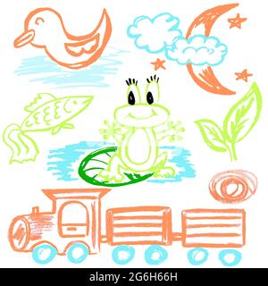 Cute childish drawing with wax crayons on a white background. Pastel chalk or pencil funny doodle style vector. Swamp, frog, water, duck, train Stock Vector