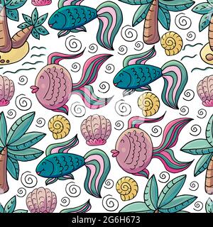 Vector illustration, ocean, underwater world, marine clipart. Summer style. Seamless pattern for cards, flyers, banners, fabrics. Fish shells and palm Stock Vector