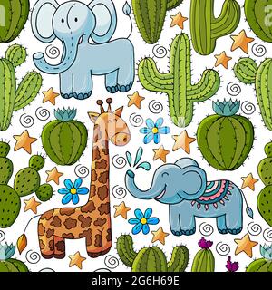 Seamless botanical illustration. Tropical pattern of different cacti, aloe, exotic animals. Elephant, giraffe, stars colorful flowers Stock Vector