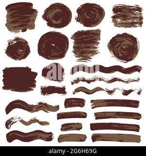 Collection of brown paint, ink, brush strokes, brushes, lines, grungy. Waves, circles. Dirty elements of decoration boxes frames Freehand drawing Stock Vector