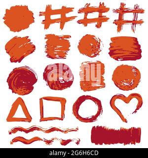 Collection of red paint, ink, brush strokes, brushes, lines, grungy. Dirty elements of decoration, boxes, frames. Vector illustration. Isolated over w Stock Vector