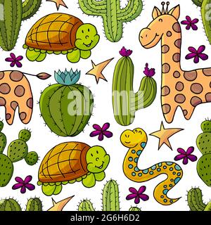 Seamless botanical illustration. Tropical pattern of different cacti, exotic animals. Turtle, snake, giraffe, colorful flowers Stock Vector