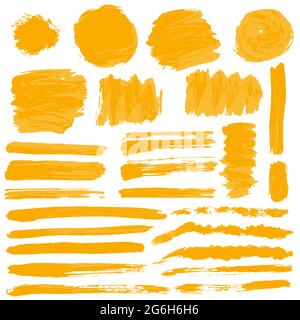 Collection of orange paint, ink, brush strokes, brushes, lines, grungy Waves circles Freehand elements Stock Vector